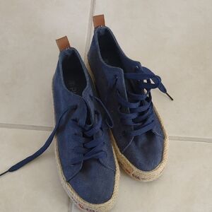Blue Canvas How High Top Embroidery Laced Espadrilles Euro 40 US8.5